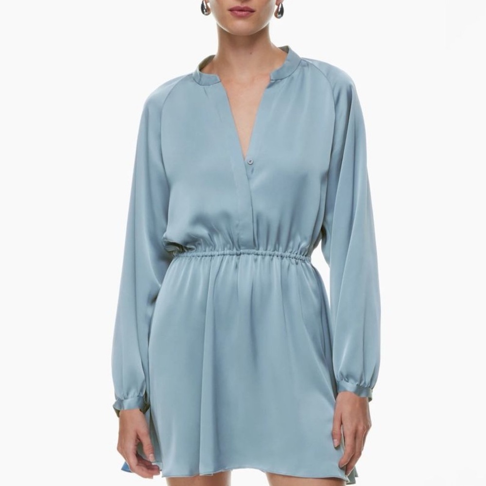 Aritzia Babaton Lexington Blue Satin Long Sleeve Mini Shirt Dress Medium